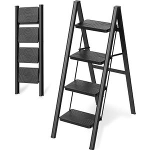 HBTower Step Ladder, 4 Step Ladder Folding Step Stool, Portable Sturdy Steel Ladder for Adults Home Outdoor Kitchen Garage,Black
