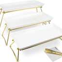 Extra Large 3 Tier Serving Tray, 24 x22 x 9.8 Inch Melamine Tiered Tray Stand and Platters for Party Buffet Entertaining, White and Gold