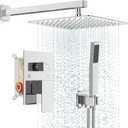 Shower Faucet Set Bathroom Square Rain Shower Head and Handle Set, Wall Mounted Shower Fixtures, Full Metal Trim Repair Kit 10 inch Polished Chrome (With Shower Valve)
