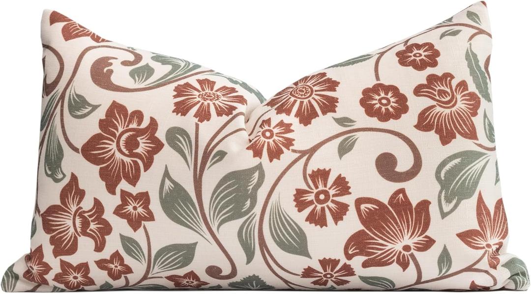 Crumbs Home Modern Farmhouse Fall Linen Indoor Outdoor Lumbar Pillow Cover Only, 12"x20" Water Repellent for Patio, Backyard, Couch, Brown and Oliver Green Floral