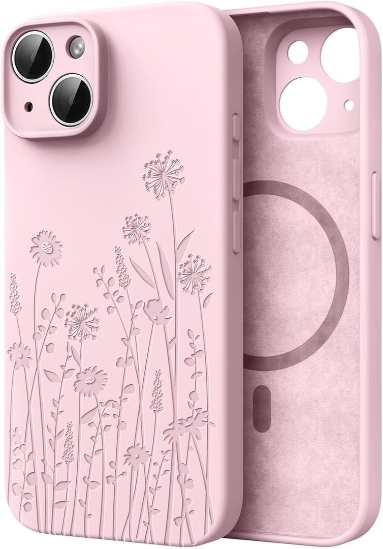 for iPhone 15 Phone Case for Women Compatible with Magsafe, Hard Liquid Silicone Cute Pink Spring Floral Design Shock Proof Heavy-Duty Protection for Women Girls