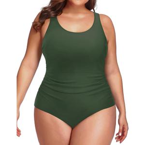 Daci Women Plus Size One Piece Swimsuit Athletic Tummy Control Ruched Bathing Suit with U-Back (Green)