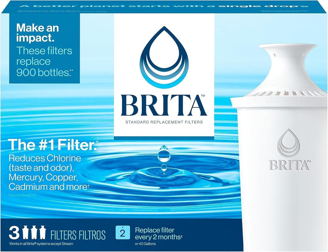 Brita Standard Water Filter for Pitchers and Dispensers, BPA-Free, Reduces Copper, Cadmium and Mercury Impurities, Lasts Two Months or 40 Gallons, Includes 3 Filters for Pitchers