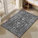 Washable Area Rug 2x3 Black Rugs for Living Room, Vintage Boho Rug for Bedroom Dining Room Office, Distressed Floral Print Carpet for Under Table, Soft Non Slip Low Pile Throw Carpet Indoor Mat
