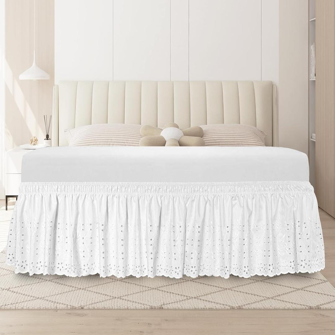ANARACHON Twin Bed Skirt, Wrap-Around Elastic Ruffled Eyelet Bed Skirt Twin Size Dust Ruffle with Gathered Styling and Embroidered Details, 14" Drop Length (White)