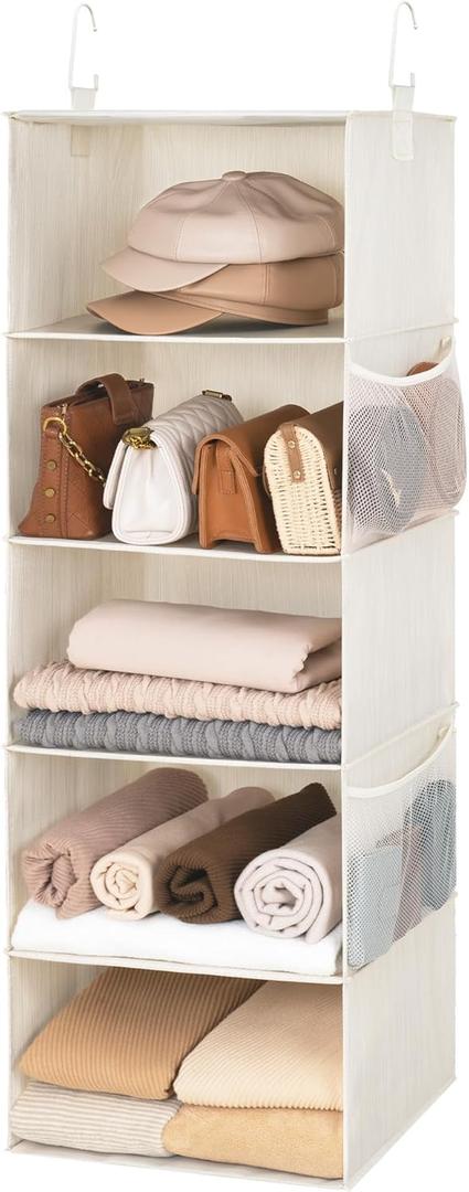 StorageWorks 5-Shelf Hanging Closet Organizers, Foldable Closet Storage Organizer with 2 Side Pockets, Portable Hanging Shelves for Clothes, Sweater, 12 12" D x 15" W x 48" H, White & Ivory