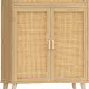 Rovaurx Rattan Floor Storage Cabinet with 2 Doors, Bathroom Cabinet with Large Drawer, Freestanding Storage Cabinet Organizer, Natural BMGZ107M