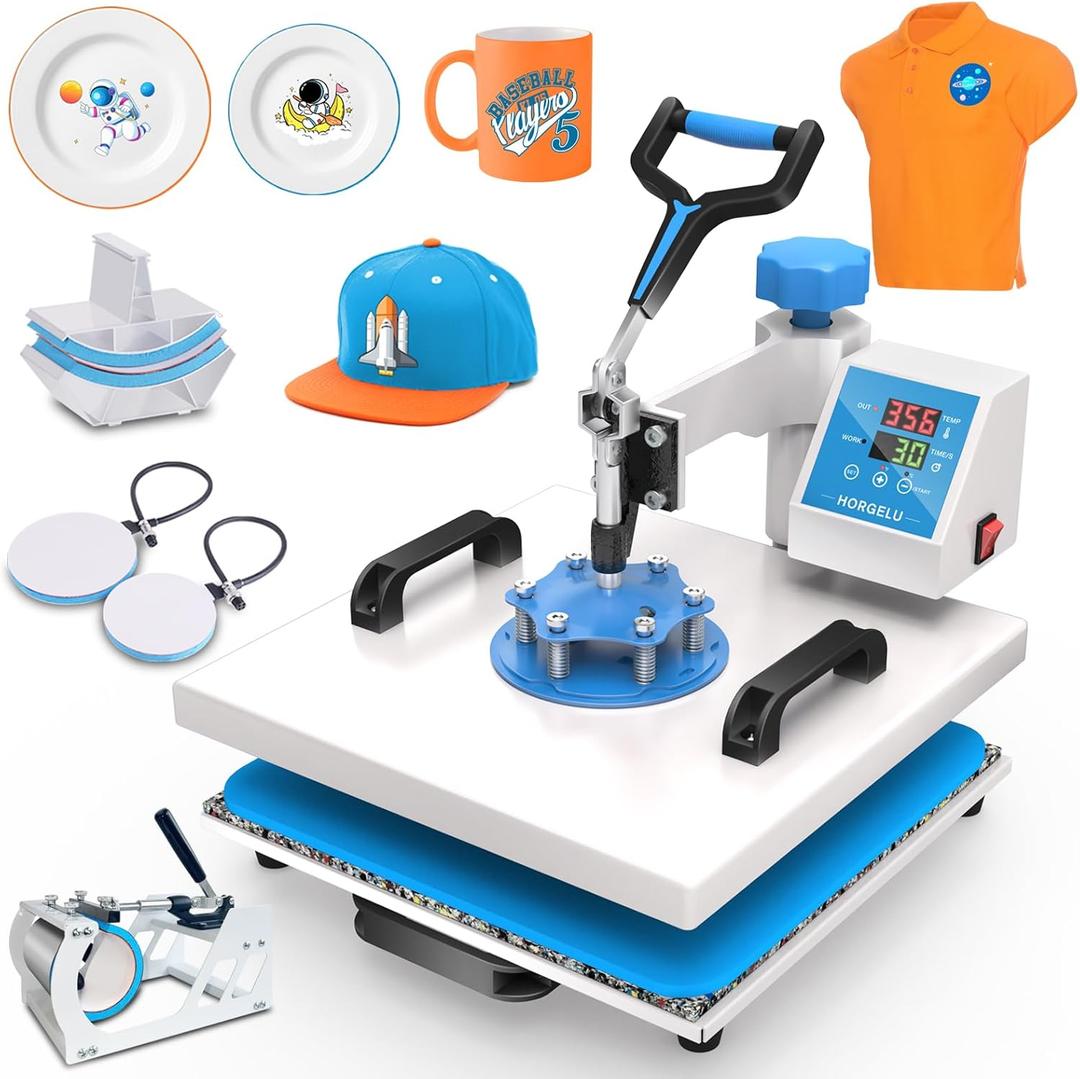 Horgelu 5 in 1 Heat Press Machine 15x15 Inch Heat Transfer Machine 360-Degree Swing Away Multifunction Digital Sublimation Combo Heat Press for T Shirt Mug Hat Plate for Commercial Home 110V