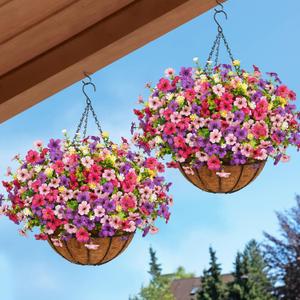 2 Pack Artificial Hanging Flowers for Outdoors, Fake Hanging Plants with 12" Baskets, 24 Pcs UV Resistant Artificial Hanging Flowers for Decoration Outdoors Garden Patio Porch Yard Spring Summer Decor