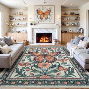 Uphome Area Rugs 9x12 Living Room Clearance, Green Butterfly Rugs for Bedroom, Boho Floral Non-Slip Dining Room Rug, Modern Insect Print Foldable Large Carpet for Dorm Home Office Playroom