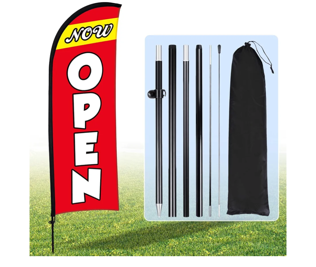 Buryeah Now Open Flag Banner for Business Advertising 7 x 5.4 ft Feather Flag Sign with Flagpole Ground Stake Portable Bag Opening Signs Banner Set for Outside Business(Yellow)