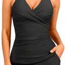 Women Tankini Swimsuits with Shorts - Two Piece Tummy Control Bathing Suits Top with Two Pockets Bottom Swimwear Black 18 W
