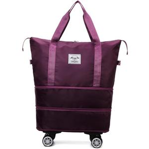Travel Tote Bag with Trolley Sleeve Expandable Extra Duffel Bag with Wheels Lightweight Traveling Foldable Suitcase (Purplish Red)