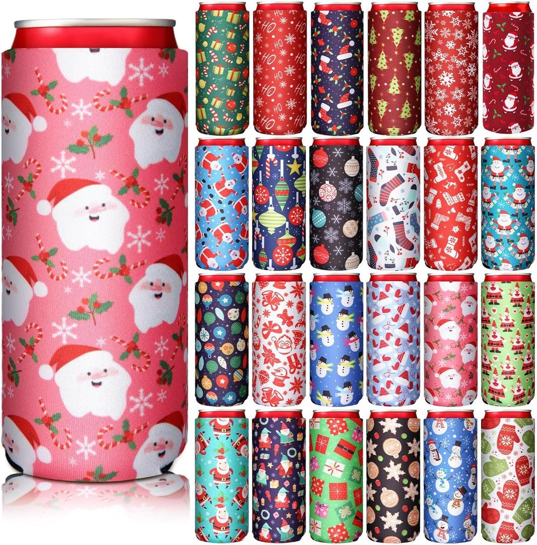 24 Pcs Christmas Can Coolers Sleeves 12 oz Xmas Can Cooler Sleeves Neoprene Slim Beer Can Cooler Christmas Tree Bottle Insulator for Party Favors Gifts Supplies