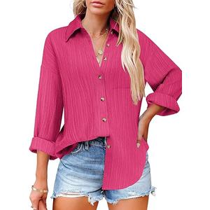 HOTOUCH Womens Button Down Shirts Long Sleeve Dress Shirt Textured Collared Work Blouse Dressy Casual Tops with Pocket, L, Hot Pink