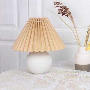Korean Pleated Table Lamp Ins DIY Ceramic Table Lamps for Living Room Home Deco Cute Lamp with Tricolor Led Bulb Beside Lamp (White and Brown)