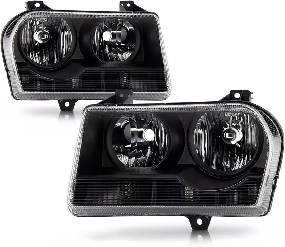 APSVE Headlights Assembly 2005 2006 2007 2008 2009 2010 Compatible with Chrysler 300 Halogen Factory Style Headlight Head Lights Lamps Replacement Driver Passenger Side,Black