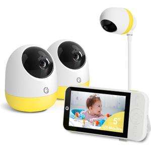 Ellie Pro Baby Monitor with 2 Cameras,5'' IPS 2K UHD Resolution,6000mAh Battery, Remote Pan-Tilt-5X Zoom, 2-Way Talk,No WiFi, Night Vision, Virtual Fence and 1000ft Range