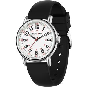 GOLDEN HOUR Waterproof Nurse Watch for Medical Professionals, Students Women Men - Military Time Luminouse Easy Read Dial, 24 Hour with Second Hand, Colorful Silicone Band (Black)