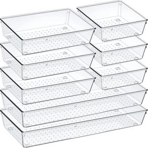 Criusia Drawer Organizer Set, Acrylic Non Slip Non Cracking Kitchen Drawer Storage Tray Large Size Divider, Multifunctional Storage for Cosmetics, Bathroom, Tools, Kitchen and Office (8 PACK)