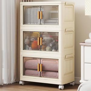3 Tier Stackable Plastic Storage Bins with Lids 28QT, Collapsible Closet Organizers and Storage with Wheels for Living Room,Office,Dorm