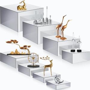 Flat, Geelin 8 Pack Acrylic Buffet Display Risers for Food Jewelry,Silver,Flat 3-10 Inch Cube Boxes with Hollow Bottoms, Clear Acrylic Stands for Dessert Table, Stackable Elevated Riser for Jewelry