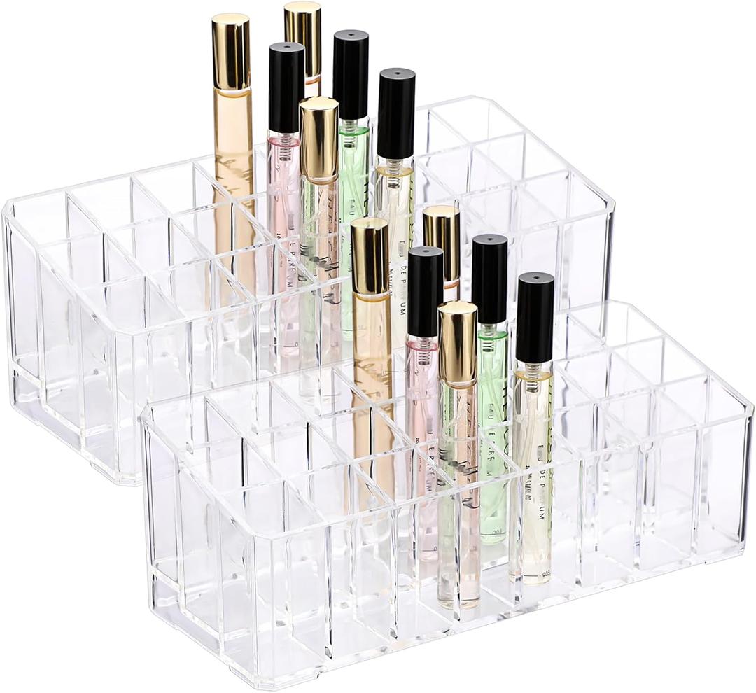 ELLDOO 2 Pack Rollerball Perfume Organizer, 24 Spaces Clear Acrylic Perfume Storage Holder Beauty Scent Holder, Makeup Lipgloss Lipstick Display Case