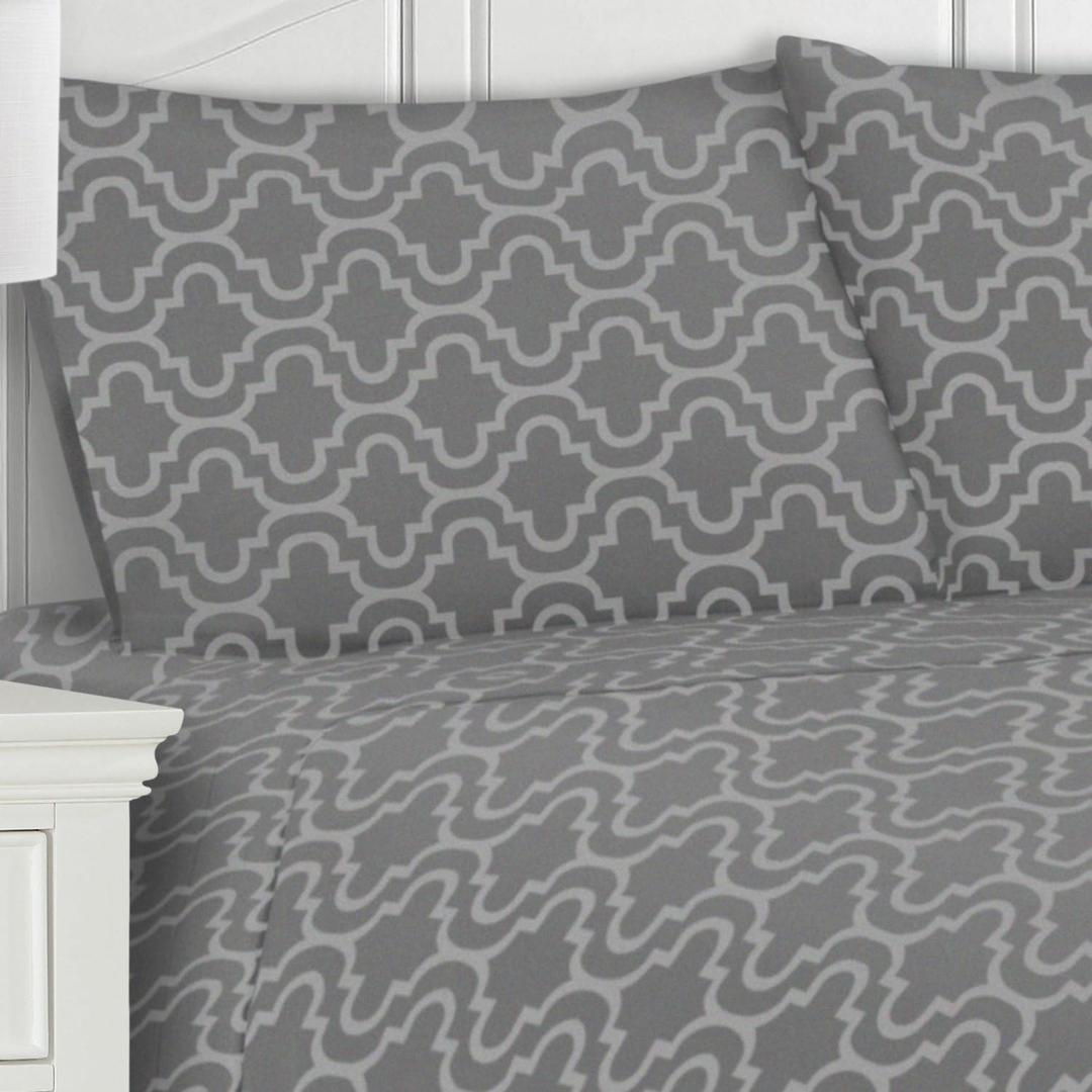Superior Extra Soft Printed All Season 100% Brushed Cotton Flannel Trellis Bedding Pillowcase Set - Grey Trellis, King Size