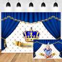 7x5ft Baby Shower Backdrop Welcome Prince Navy Blue Crown Grid Curtain Royal Luxury Photography Background Baby Shower Gender Reveal Newborn Announce Party Banner Photo Booth Props