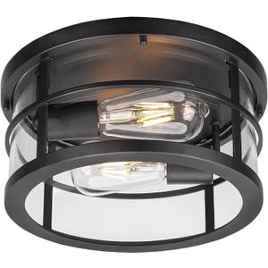 Darkaway Flush Mount Ceiling Light, 11.6 Inch Industrial Ceiling Light Fixture Outdoor Indoor Close to Ceiling with Clear Glass Shade for Hallway Balcony Porch Kitchen Living Room 2-Light (Black-Round)