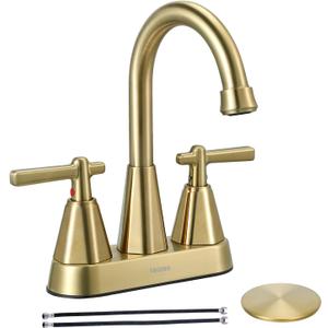 Bathroom Sink Faucet, SBOSBO 4 Inch Bathroom Faucet for Sink 3 Hole, 2 Handle Sink Faucet with Pop Up Drain Assembly and 2 Water Supply Hoses for RV Bathroom Vanity (Brushed Gold)