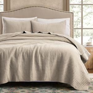 WDCOZY 100% Cotton King Size Quilt Set - Beige Neutral Striped Pick Stitch Soft Lightweight Bedspread, Textured Like Linen, Farmhouse Country Rustic Coverlet, Shabby Chic Gauze Bedding, 3 Pieces