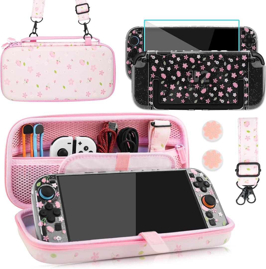 PAWDIARY Pink Sakura Carrying Case Compatible with Nintendo Switch 2 2025, with Hardshell Switch 2 Protective Cover Skin, HD Screen Protector, Shoulder Strap & 2 Thumb Caps  Cute Girly