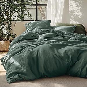 Bedsure Linen Duvet Cover Queen - Linen Cotton Blend Bedding Set, Soft & Cozy, 3 Pieces, 1 Duvet Cover 90x90 Inches and 2 Pillowcases, Dark Green Color Cooling Bedding, Comforter Sold Separately
