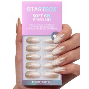 BTArtbox Press On Nails Almond - Champagne Frost, Medium Sparkle Press On Nails with Glue and Adhesive Tabs for Women in 15 Sizes - 30 Soft Gel Glue On Nails Kit