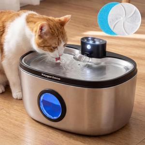 Wireless Cat Water Fountain Stainless Steel: 5L Stainless Steel Pet Water Fountain for Cats & Dogs Indoor, Automatic Battery Operated Cat Water Fountain, Ultra-Quiet Cat Water Dispenser with Filter (Silver)
