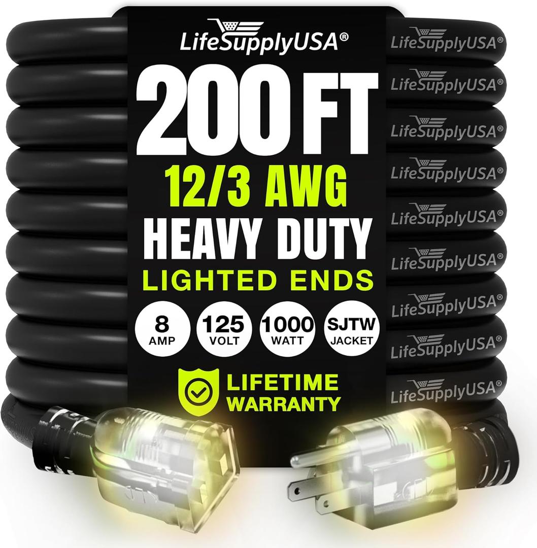 200ft Outdoor/Indoor Extension Cord 12/3 Gauge Extra Heavy Duty 3 Prong SJTW, Waterproof, Flexible Cold-Resistant Long Power Cord,125 Amp 1000W, Black by LifeSupplyUSA (200 FT)