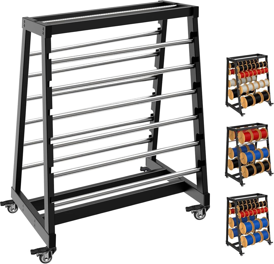 ATOLS Heavy-Duty 13-Rod Wire Spool Rack 400lb Capacity, Adjustable Cable Caddy & Dispenser with Locking Wheels for Electrical and Industrial Use