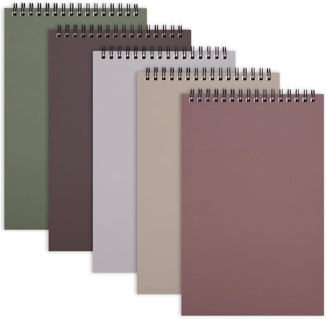 LABUK Top Spiral Steno Pads 6x9in, 5 Pack Spiral Note Pads Notebooks, 60 Sheet, Thick Plastic Covers, A5 Top Bound Steno Notebooks for Work, Office