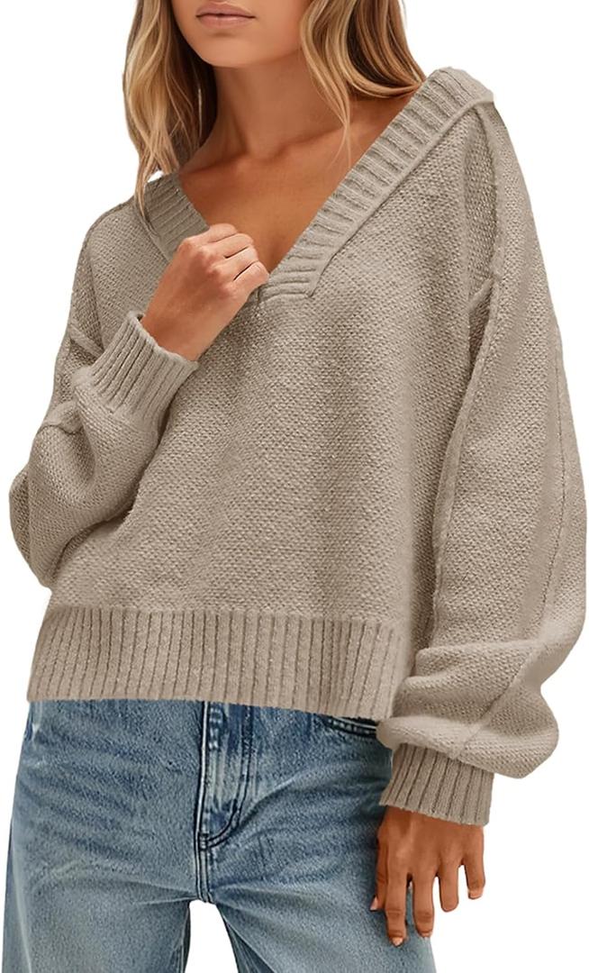 Saodimallsu Womens V Neck Pullover Sweaters Casual Knit Long Sleeve Loose 2025 Fall Cropped Tops (M)