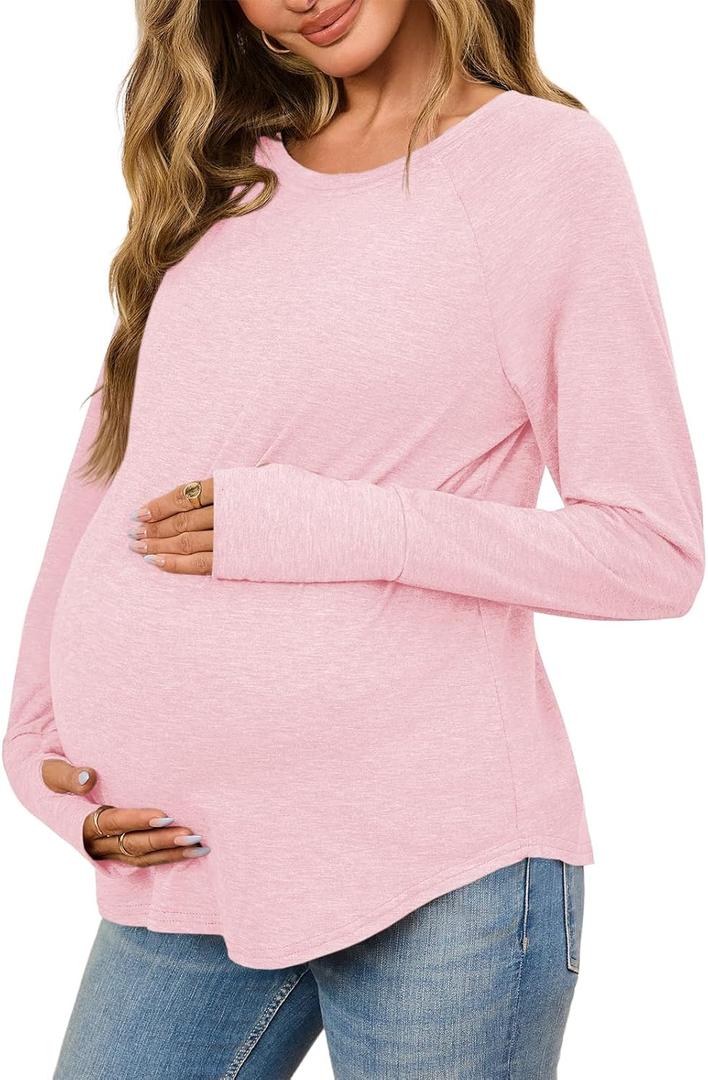 Yousify Womens Maternity Shirts Long Sleeve Round Neck Tops Pregnancy Clothes Loose Fit Casual Blouses with Thumb Holes (X-Large, Pink)