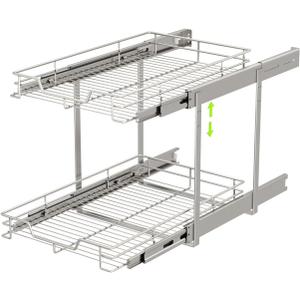 EZKAZA Pull Out Cabinet Organizer 20.5" W x 21" D, 2-Tier Kitchen Cabinet Pullout Shelf and Drawer Organizer Slide Out Pantry Storage Basket, 19.2" W x 21" D x 2.4" H for Bottom Basket Size