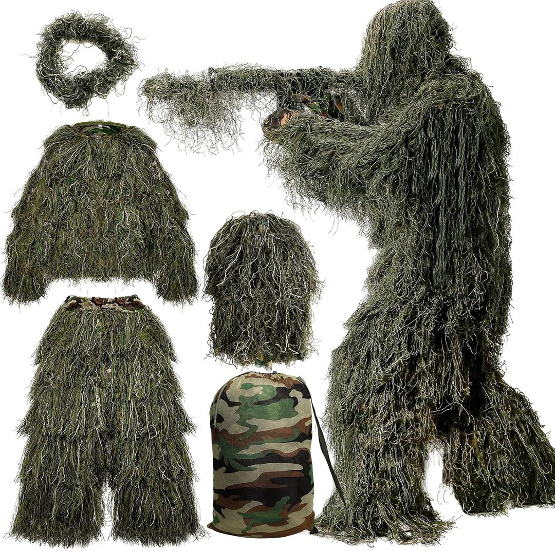 MOPHOTO 5 in 1 Ghillie Suit 3D Camouflage Hunting Suits - Jacket, Pants, Hood, Carry Bag for Adults & Youth, Size: M 5′3″–5′9″