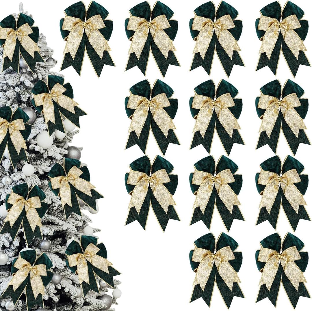 Chunyin 12 Pack Green Velvet Christmas Tree Bows Ornaments 6.3 x 9.5 Inch Double Layer Christmas Wreath Bow Glitter 2025 Xmas Bow Gifts for Xmas Tree Home Garland Winter Party Decorations