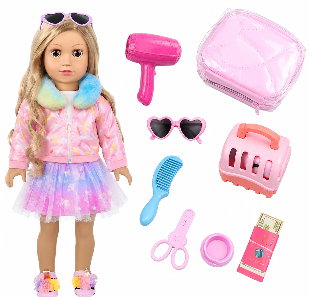 FUNCREVITY American 18 Inch Doll Accessories Sleepover Pajama Set with Travel Suitcase, Doll Accessories Bundle, Wigs, Sunglasses, U-Shaped Unicorn Pillow(No Doll)