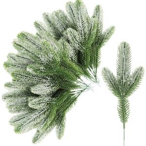 Pack of 24 Snowy Pine Tree Picks Christmas Greenery Sprays 10 Inch Artificial Pine Needles Branches Winter Fake Frosted Pine Stems Twigs for DIY Crafts Wreath Holiday Arrangement Centerpiece Decor