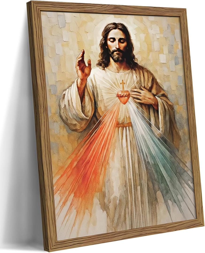 Framed Sacred Heart of Jesus Divine Mercy Wall Art, Christian Pictures Poster Print, Jesus Christ Religious Wall Decor, Catholic Artwork for Living Room Prayer Room Church – 8x10 inch