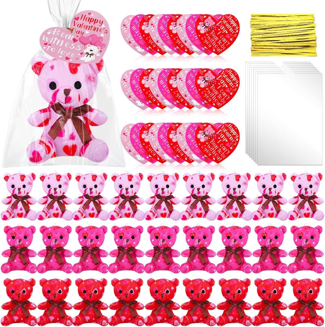 Poen 18 Pack Valentines Day Bears Bulk with Heart Cards Mini Valentine Stuffed Animal with Heart Pattern Bears Toys Keychains for Kids Boy Girl Classroom Prize Goodie Bag Stuffers Party Favor (Pink)