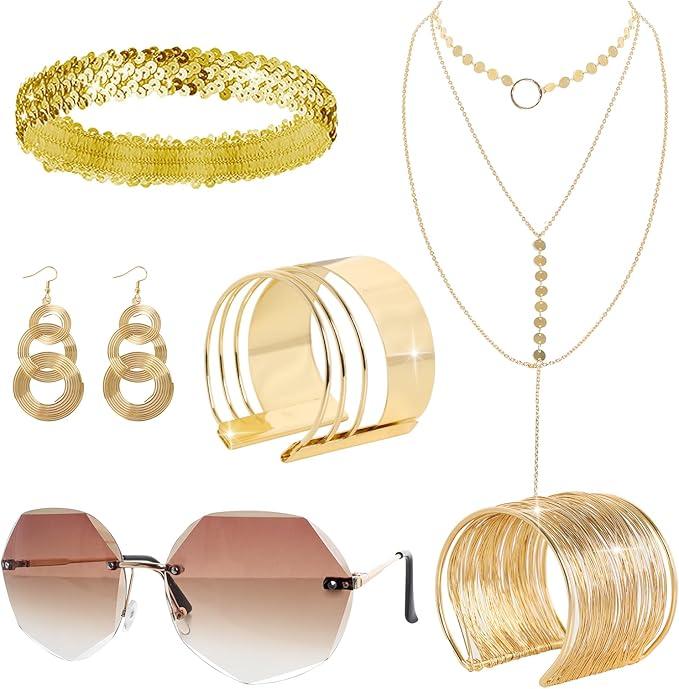 6 Pieces 70s Gold Disco Accessories Set for Women 1970s Disco Costume Accessory Dangle Earrings Layered Necklace Bangle Bracelets Diamond Glasses Sequin Headband for Party Halloween Cosplay