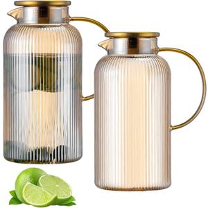 Buaic Glass Pitcher with Lid, 2 PACK 84 oz/ 2.5 Liter Amber Classic Vertical Stripes Water Pitcher,Glass Water Carafe for Cold Brew, Coffee, Lemonade, Iced Sun Tea,Beverage, Milk, Heat Resistant
